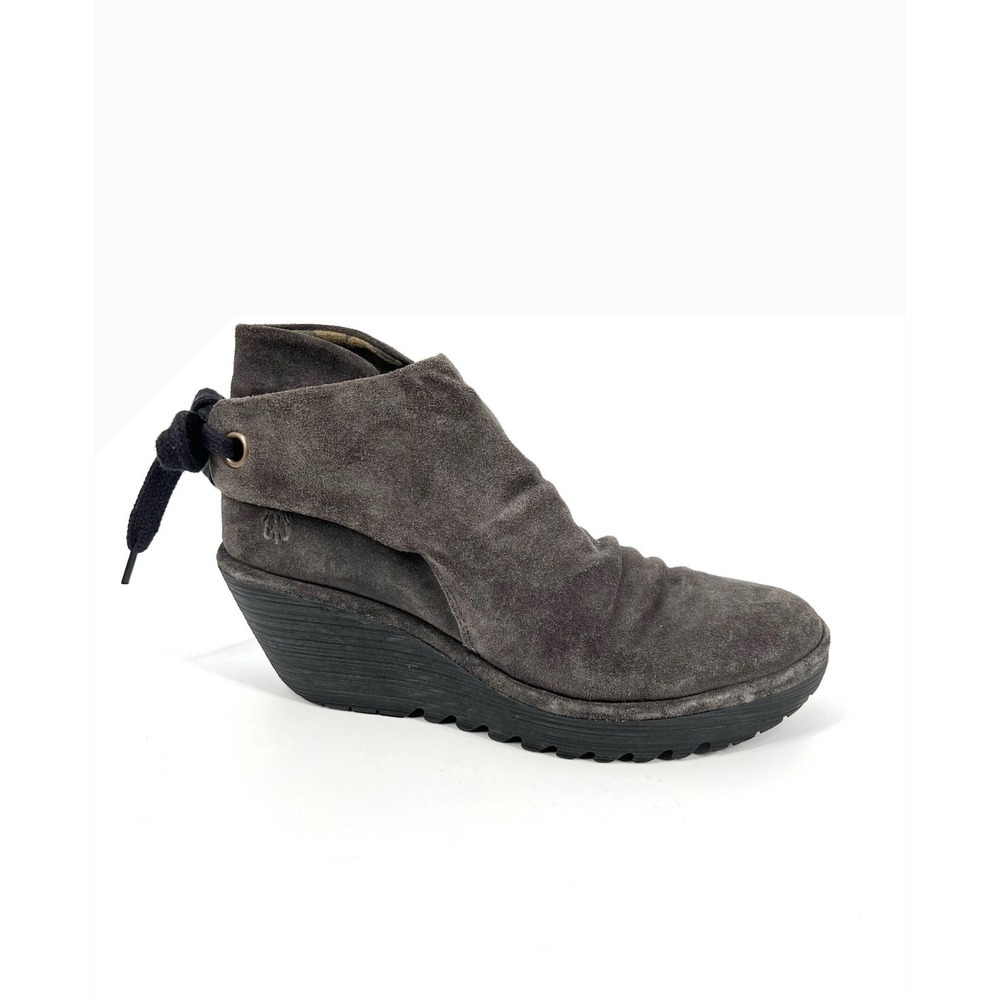 Fly London Suede Wedge Ankle Boots Brown Women Lace Up Fold Over Booties
